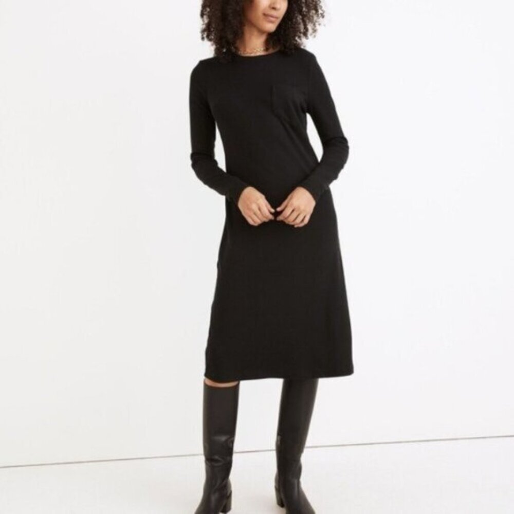 NWT Black Madewell Midi Long Sleeve Pocket Tee Ribbed Dress